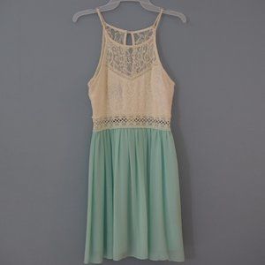 Teal and Cream Lace Semiformal Knee-length Dress
